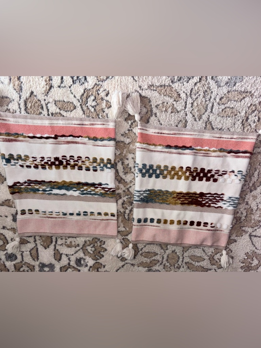 Canvas & Velvet Woven Stripe Pillow Cover Multicolor/Beige Boho w/ Tassels - EUC